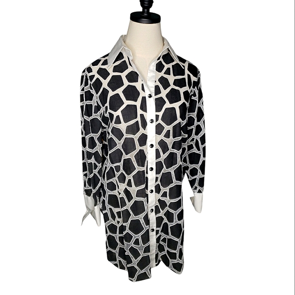 Mischa Netting Sheer Animal Geometric Abstract Rhinestone Tunic Contrast Top M - Picture 8 of 12